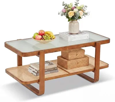 Imagen del producto de Mesa de centro rectangular, mesa de salón con estructura de madera y superficie de cristal