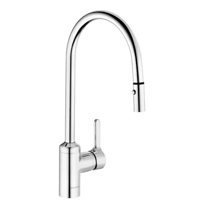 A chrome kitchen faucet with a high arc and a pull-out spray head.