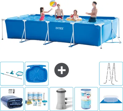 Obrázok produktu pre Bazén Intex s obdĺžnikovým rámom - 450 x 220 x 84 cm - modrý - obsahuje markízu - balík na údržbu - filtračné čerpadlo pre bazén - filter - podložku - čistiacu súpravu