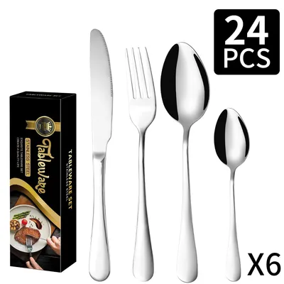 Imagen del producto de Juego de cubiertos de acero inoxidable de 24 piezas, que incluye cuchillos, tenedores y cucharas, color plateado