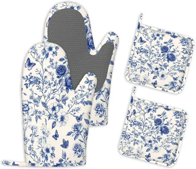 Produktbild von Rutschfeste Ofenhandschuhe und Topflappen aus Silikon im 4er Set in Blau mit Blumenmuster