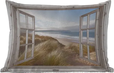 Produktbild von MuchoWow® Outdoor Kissen - Durchblick - Strand - Meer - Dünen - Strandgras - Sand - Blau - 50x30 cm - Wetterfest - Lounge Kissen - Sofa kissen - Wohnzimmer Dekoration