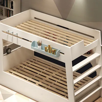 A bunk bed with wooden slats, shown from a diagonal angle.