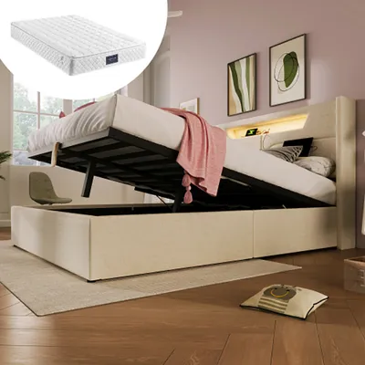 Produktbild von Sweiko Polsterbett 140x200cm LED Doppelbett mit USB Typ C Ladefunktion, Stauraumbetten Bettgestell aus Leinenmaterial Jugendbett (Mit Matratze)