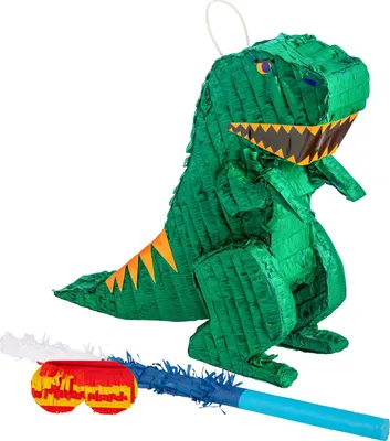 Produktbild von Fax Potato 3-teiliges Dinosaurier-Pinata-Set mit Stock und Augenbinde – blauer Stock