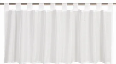 A white fabric curtain with loops hanging from a rod.