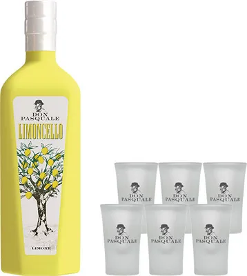 Produktbild von Don Pasquale Set Limoncello 0,7L (30% Vol) + 6x Shotglas Gläser Gratis - Likör Limoncello Zitrone - [Enthält Sulfite]