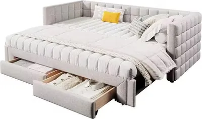 Produktbild von Merax Tagesbett Daybett 90x200 cm, mit Ausziehbett 90x200 cm, 2 Schubladen, Quadratisches Muster, Schlafsofa, Kinderbett, polsterbetten, Samt, Beige