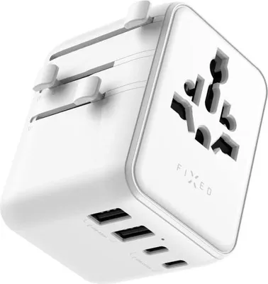 Produktbild von Reiseadapter / Steckeradapter Fixed Voyager 70 W für EU, UK, USA, AUS, 3x USB-C und 2x USB-A, GaN, PD 3.0, Weiß