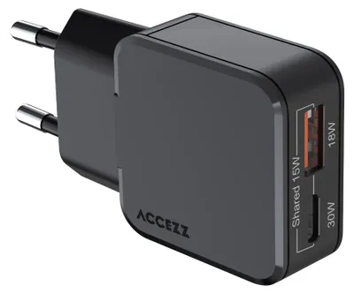 Produktbild von Accezz Ultra Slim GaN Ladegerät - USB-C + USB-A - 30 W - Schwarz