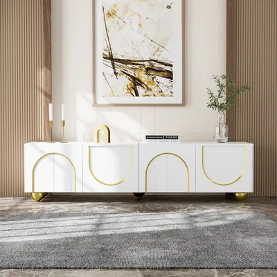 Produktbild von MODFU Lowboard TV-Schrank mit 4 Tür-strukturierte Türen, Lange 170cm Fernsehtisch Wohnzimmerschränke Mit verstellbare Trennwände , TV-Möbel für Fernseher bis zu 80 Zoll für Wohnzimmer, Esszimmer und Schlafzimmer, weiß und gpld