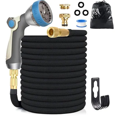 Produktbild von 15 m flexibler Gartenschlauch – dehnbarer Wasserschlauch mit 8 Sprühmodi Pistole – Inklusive 1/2" & 3/4" Adapter, Wandhalterung für Gartenbewässerung