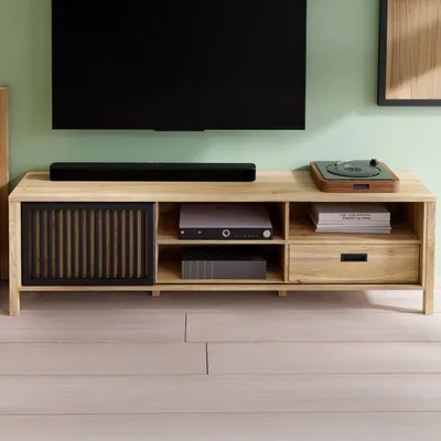 Produktbild von Forte JYTANA TV-Schrank 170 180, skandinavisches Low-Board mit Stauraumfach und Schublade, Mauvella Eiche Holzdekor / Schwarz, 174,8 cm breit x 49,9 cm hoch x 40,2 cm tief
