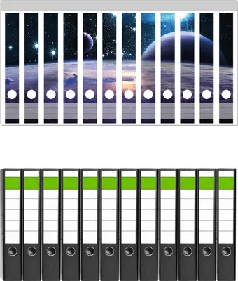 Produktbild von Wallario 12 Stück schmale Ordner inkl. Klebeetiketten mit Motive Planeten im Weltall -  Set mit Rückenschildern / Ordnerrücken Stickern