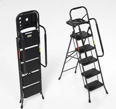 Two views of a black folding step stool on a white background.