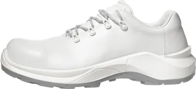 A white safety shoe with gray laces and sole, shown from the side.
