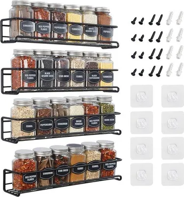 Productafbeelding van Unyqoos® Kruidenrek Wandset, 4 stuks, roestvrij staal, zwart, 29 x 6 x 6,5 cm, met zelfklevende schroeven – Wandmontage zonder boren, ruimtebesparende opbergoplossing voor de keuken