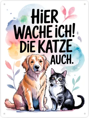 Produktbild von Hier wache ich Hund und Katze Metallschild XXL in 28x38 cm