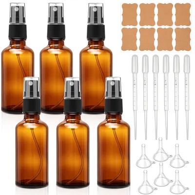 Immagine prodotto di Flacone spray da 50 ml, vetro marrone, set da 6 pezzi, ricaricabile, con contagocce, imbuto ed etichette