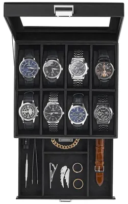 Produktbild von Uhrenbox mit 8 Fächern, 2 Ebenen, Uhrenetui mit Glasdeckel, Uhrenetui mit herausnehmbaren Uhrenkissen, Uhrenbox für Schmuck – Schwarz