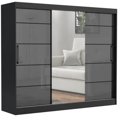 Produktbild von Schwebetürenschrank TOMY, 2-türig Schrank, Schwarz / Anthrazit Hochglanz, 235 cm Kleiderschrank mit 4 Schubladen, Spiegel, Kleiderstangen und Regalen