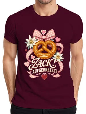 Produktbild von Zack! Aufgebrezelt Brezel Edelweiß  Herz Lederhose Herren T-Shirt, Burgundy, M