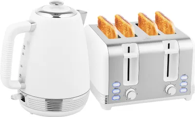 Image de HOMCOM Ensemble bouilloire et grille-pain en inox 2200 W et 1,7 L, grille-pain 4 tranches, 7 niveaux de brunissage, chauffage rapide, thermostat Strix, filtre anticalcaire et plateau à miettes, blanc