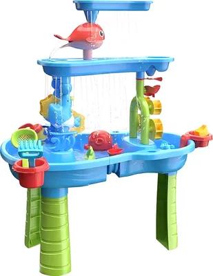 Productafbeelding van Relaxdays waterspeeltafel, 3 niveaus, veel accessoires, hoogte x breedte x diepte: 85x63x42,5 cm, modderkeuken voor water en zand, kunststof, kleurrijk