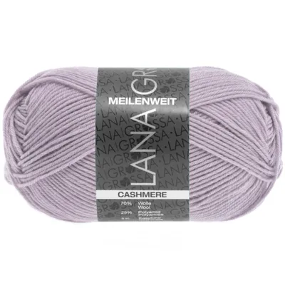 A ball of light purple yarn with a label wrapped around it.