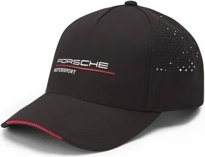 Produktbild von Porsche Motorsport Cap Logo, Offizieller Fanartikel, Schwarze Kappe mit Porsche Logo und roter Akzentlinie, Größenverstellbar, 100% Polyester