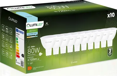 Produktbild von LUMILED GU5.3 LED Lampen Leuchtmittel Spot 10 Stück Set, MR16 8W (entspricht 80W Halogen Glühlampen) 6500K Kaltweiß 12V 720 Lumen 120° Abstrahlwinkel Spots Glühbirnen Halogenleuchte
