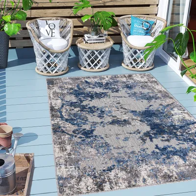 Produktbild von Carpeto Rugs Abstraktes In- & Outdoor Teppich Wetterfest für Balkon, Terasse - Balkon Teppich Wasserfest - Outdoorteppich Wetterfest - Aussenteppich Terrasse Groß - Blau Grau - 140 x 200 cm