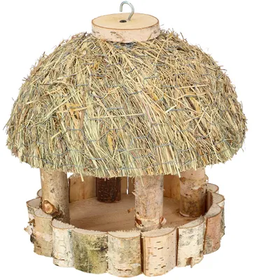 Vogelhäuschen Holz zum Aufhängen, ⌀ 28 cm, Natur, Reetdach