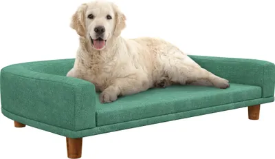 Produktbild von PawHut sofa dla psa, sofa dla kota z poduszką, legowisko dla dużych psów, kanapa dla psa z podwyższeniem, fotel dla psa z drewnianymi nogami, zielony, 98 x 67 x 25 cm