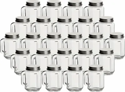 Produktbild von gouveo 24er Set Mini Trinkgläser 30 ml mit Deckel silberfarben - Mini Henkelglas mit Drehverschluss - Kleine Schnapsgläser für Party, Hochzeit, JGA