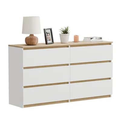 Obrázok produktu pre Komoda - 119x77x34 cm - biela s dubovými prvkami Torro - 6 zásuviek - priestranná - stabilná - jednoduchá montáž