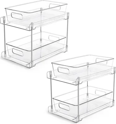 Produktbild von 1/2 Stück 2-stöckige Badezimmer-Unterwaschbecken-Organizer, Mehrzweck-Aufbewahrungsbox aus transparentem Material mit Auszugsschiene, stapelbar, mit Auszugsschiene