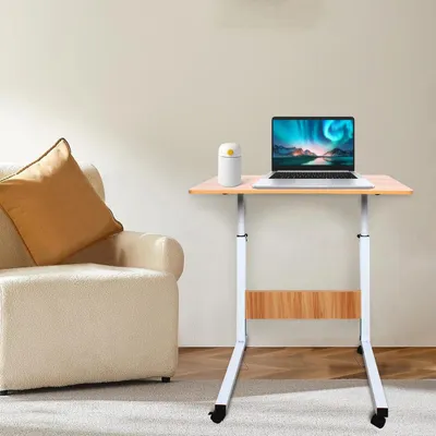 Produktbild von Mobiler Laptop-Tisch - Rollbarer Computertisch - Höhenverstellbar - Feststellrollen - Rechteckige Platte - Rahmen aus Holz - Für Bett & Sofa - Montage erforderlich