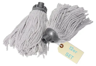Two mop heads with plastic connectors are shown, with a tag indicating a set of 12.