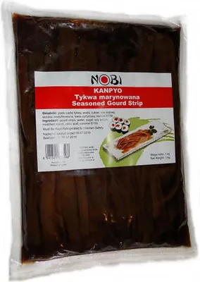 A sealed plastic bag of seasoned gourd strips with a label.
