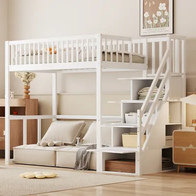 Produktbild von Flieks Etagenbett 90x200cm mit Rausfallschutz, Kinderbett mit Treppe, Hochbett mit Schubalden und Regal, Holzbett Stockbett Einzelbett, Weiß
