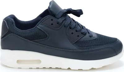 A single navy blue sneaker with a white sole is shown against a white background.