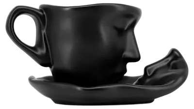 Teetassen-Set mit Untertasse, Keramik, Gesichtsdesign, 420 ml, schwarz