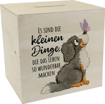 Produktbild von Hund Spardose aus Holz mit Spruch Die kleinen Dinge machen das Leben so