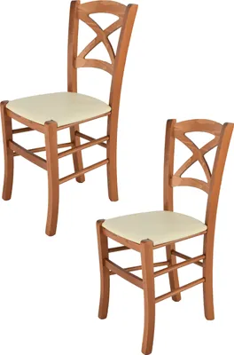 Produktbild von t m c s Tommychairs - 2er Set Stühle CROSS für Küche und Esszimmer, robuste Struktur aus lackiertem Buchenholz im Farbton Kirschholz und gepolsterte Sitzfläche mit Kunstleder in der Farbe Elfenbein bezogen