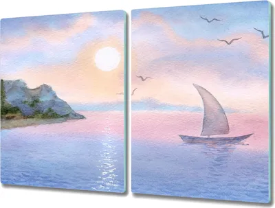 Produktbild von Coloray Herdabdeckplatte 2x40x52 cm Schneidebrett Kochplattenabdeckung Küchenbrett Hackbrett - Aquarellen Boot Meer