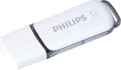 A white Philips USB flash drive with a transparent cap is shown on a white background.