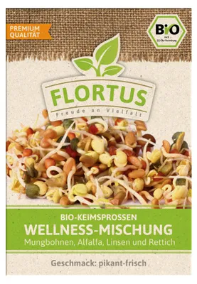 Produktbild von Keimsprossen Wellness-Mischung (Mungbohnen, Alfalfa, Linsen und Rettich) | Keimsprossen von FLORTUS, Menge:75 g