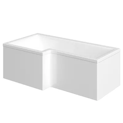 A white L-shaped bathtub with a shower zone, shown from a side-angle against a white background.