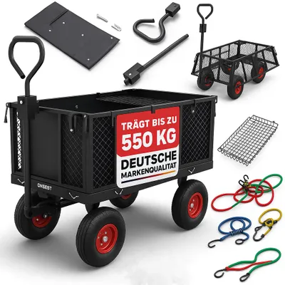 Produktbild von ONBEST Bollerwagen klappbar, 550kg Tragkraft, 205L Ladevolumen, 102x105x52cm Ladefläche, 4 geländegängige Luftreifen Ø 25.5cm Stahlfelgen, ergonomischer Anti-Rutsch-Handgriff, wasserabweisende Innentasche, 12 Spanngummis, Gitterseiten, robuster Stahl, 21kg, 50L Fangkorb